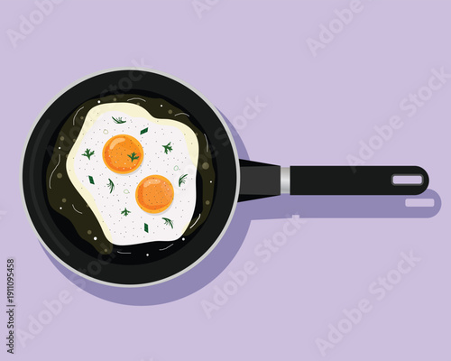 Vector illustration of a non-stick frying pan with two sunny-side-up eggs, garnished with herbs, salt, and pepper. Includes highlights and shadows for a realistic, three-dimensional effect. 