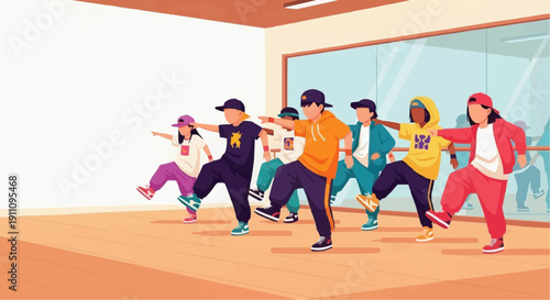 Group of diverse dancers performing hip-hop routine in studio for International Dance Day, copy space  