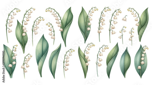 A charming watercolor collection of delicate lily of the valley flowers, including arching stems of tiny white bell blossoms, elegant green leaves, and soft botanical spring details.