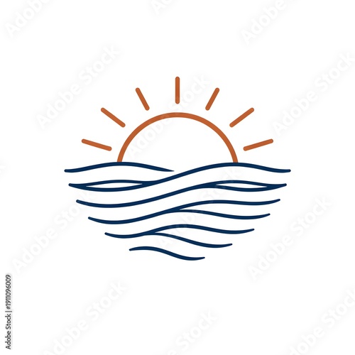 Minimal sunrise and sea waves logo, clean summer coastal icon
