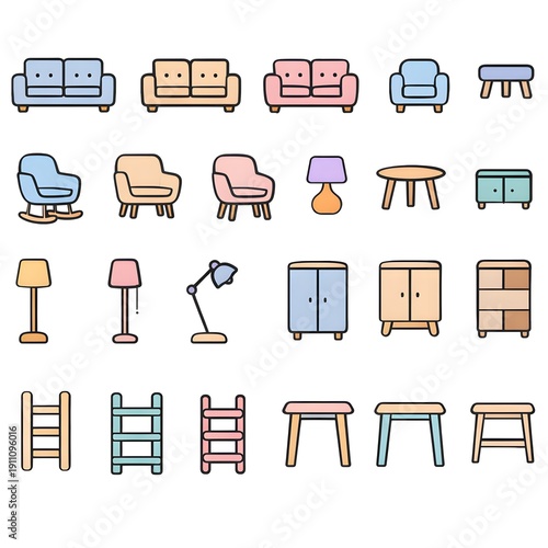 Cute pastel furniture icon set, flat outline home interior elements