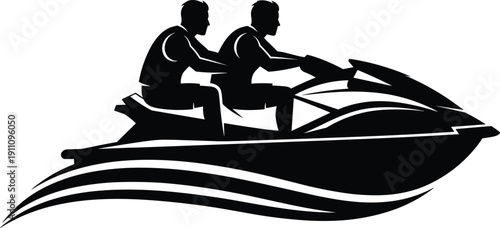 Black and White Silhouette Vector Illustration of Two Men Riding a Jet Ski on Ocean Waves for Summer Vacation Adventure