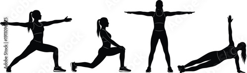 Black Silhouette Set of a Woman Practicing Yoga Pilates and Fitness Exercises Including Warrior Pose Lunge and Side Plank on White Background