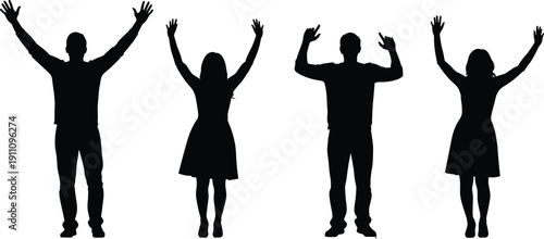 Black Silhouette Set of Diverse People Standing with Arms Raised Representing Success Victory Freedom Happiness Unity and Positive Human Emotion Concept