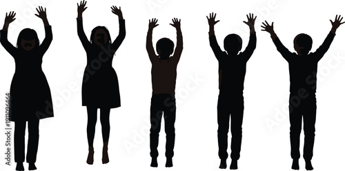 Black Silhouette Vector Set Featuring Happy Children Cheering with Raised Arms for Joyful Success Celebration Achievement and Active Lifestyle Youth Promotion Graphics