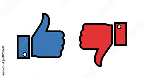 Social media icons depicting thumbs up and thumbs down symbols illustrating approval and disapproval on a simple interface