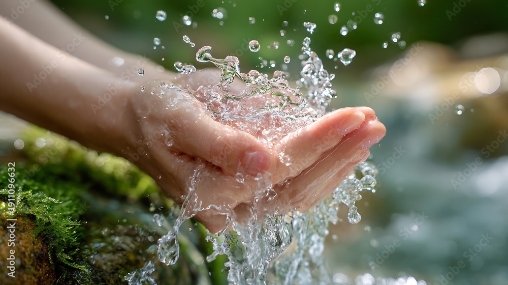 Fototapeta premium Hand Holding Water Splashes in Nature