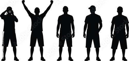 Cad drawing flat vector illustration of male silhouettes in casual summer wear including a photographer celebrating man and standing poses