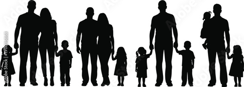 Black family silhouettes and people collection featuring parents children and couples standing walking sitting and dogs isolated vector for architectural rendering