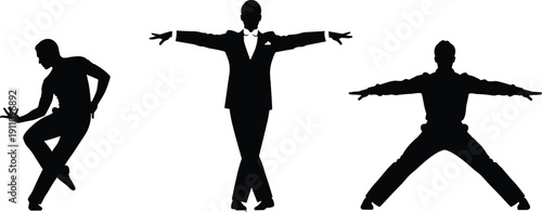 Elegant male ballroom dancer silhouettes in formal tuxedo and casual attire performing various dance poses flat vector illustration isolated on white background