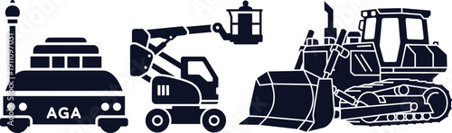 Construction and Utility Vehicle Silhouettes Including Bulldozer Aerial Lift and AGA Truck