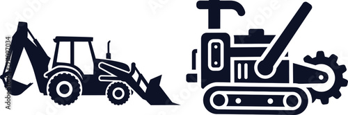 Construction Equipment Silhouettes Featuring Backhoe Loader and Trencher excavator digger