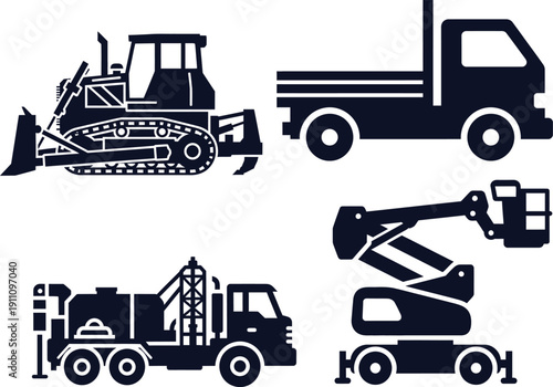 Dark Silhouettes of Construction and Transport Vehicles Keywords: bulldozer, flatbed truck, tow truck, aerial lift, construction