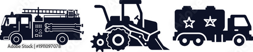 Fire truck bulldozer and fuel tanker truck silhouettes for industry Keywords: fire truck, fire engine, ladder truck, bulldozer