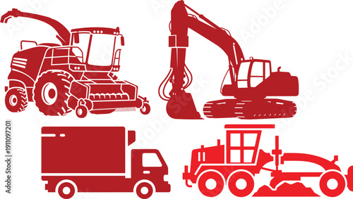 Red Silhouette Icons of Harvester, Excavator, Truck, and Grader on White Background Keywords: combine harvester, agricultural