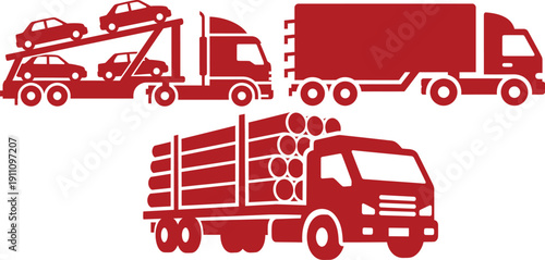 Red Silhouette Icons of Car Carrier Truck, Box Truck, and Log Truck on White Background Keywords: car carrier truck, auto transport