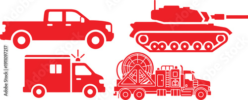 Red Silhouette Icons of Pickup Truck, Tank, Ambulance, and Fire Truck on White Background Keywords: pickup truck, car, tank