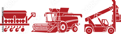 Red silhouette icons of seeder, combine harvester, and telehandler on white background agriculture