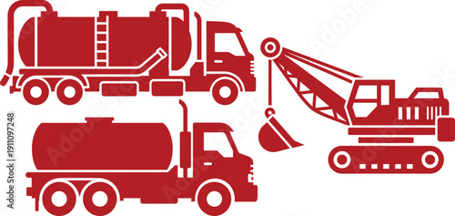 Red Silhouette Icons of Vacuum Truck, Tanker Truck, and Excavator on White Background Keywords: vacuum truck, septic truck, sewer