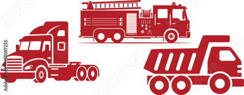 Red silhouettes of a semi-trailer truck fire engine and dump truck vehicle transport