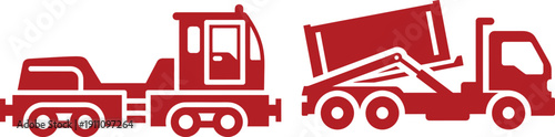 Red silhouettes of a tow truck and a dump truck with an open bed vehicle transport