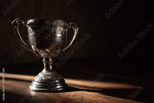 Moody still life of a silver award trophy on wood surface