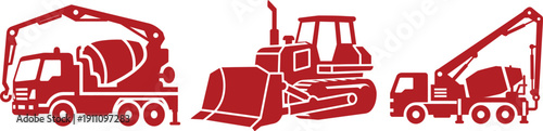 Red Silhouettes of Construction Vehicles on White Background Keywords: construction truck, concrete mixer, bulldozer, crane truck