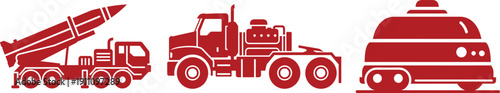 Red Silhouettes of Military and Heavy Transport Vehicles on White Keywords: military truck, missile launcher, semi-trailer truck