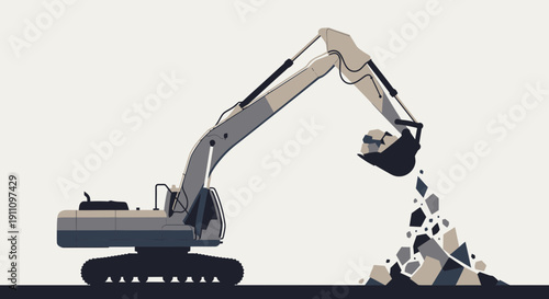 Heavy Duty Excavator Digging And Moving Rocks Minimalist Design