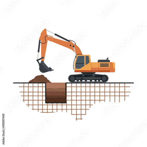 Heavy Duty Excavator Digging Deep Foundation For Construction Project Site
