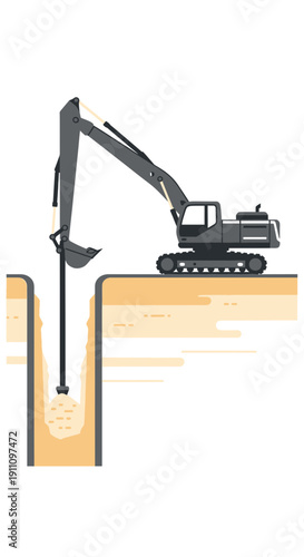 Heavy Duty Excavator Digging Deep Foundation Work on Construction Site