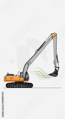 Heavy Duty Excavator Arm Performing Earthmoving Operations With Conceptual Flow Lines