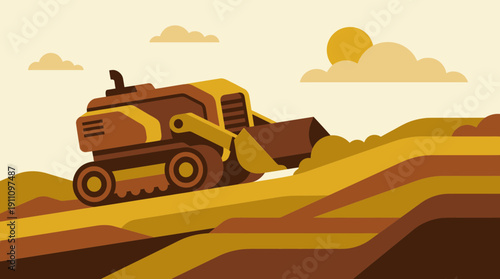 Heavy Duty Excavator Digging During Golden Hour Construction Site