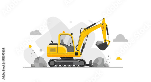 Heavy Duty Excavator Digging Rocks On Construction Site