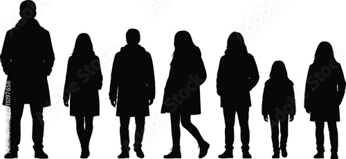 Large Group of Diverse People Silhouettes Wearing Winter Coats and Autumn Clothing Standing in a Row Isolated on White Background