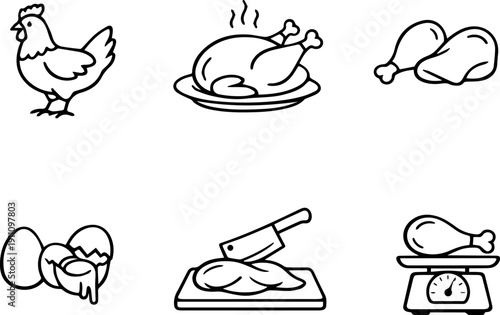Line icons of chicken meat and farming. Vector
