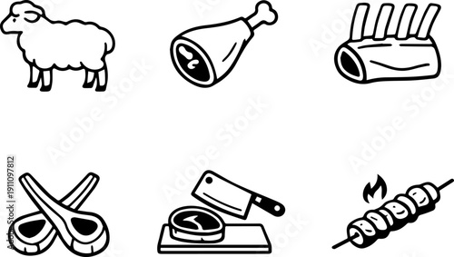 Icons of lamb meat cuts and grilling. Vector
