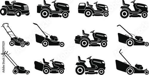 Lawn Mower Vector Silhouette Set Featuring Robotic Mowers Riding Tractors and Push Mowers for Professional Landscaping Garden Maintenance and Yard Care