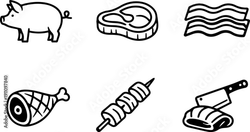 Line icons set representing pork meat and related butcher products. Vector
