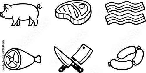 Line icons set representing pork meat and related butcher products.
