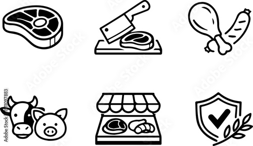 Outline icons representing butcher shop, meat products, and animal sources.
