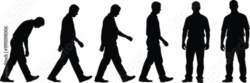 Sequence of male silhouettes showing the progression of human body posture from slouching and walking to standing straight and tall on white.