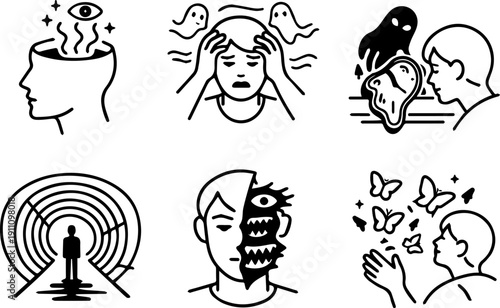 Line icons visualizing hallucinations, fear, and distorted perception. Vector
