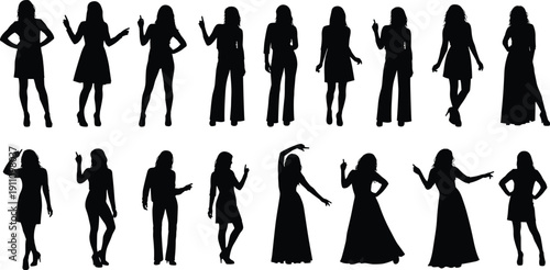 Collection of black silhouettes of women standing, pointing, and modeling in fashion dresses and business suits, isolated on white background.