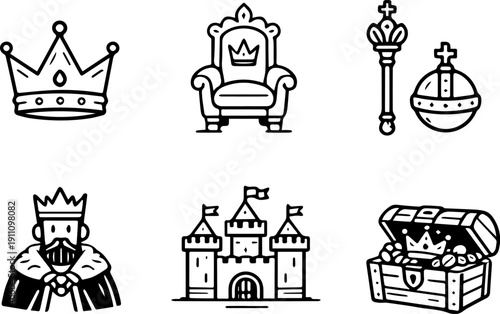Royal icons featuring monarchy, castles, treasure and power.
