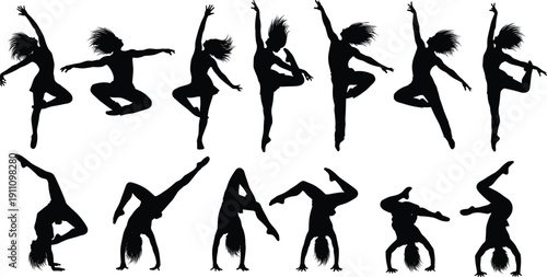 Collection of dancer silhouette vectors with people jumping performing contemporary dance and gymnastic poses for sports and artistic design projects