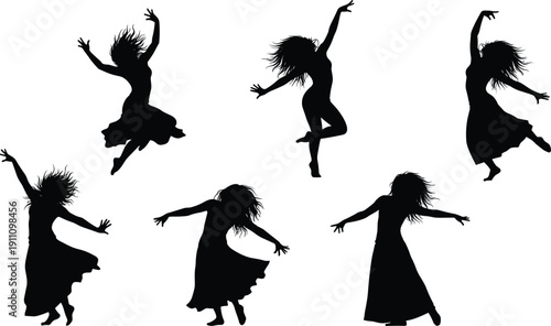 Set of elegant female silhouettes dancing and jumping with flowing hair and long skirts in various expressive and graceful motion poses on white.