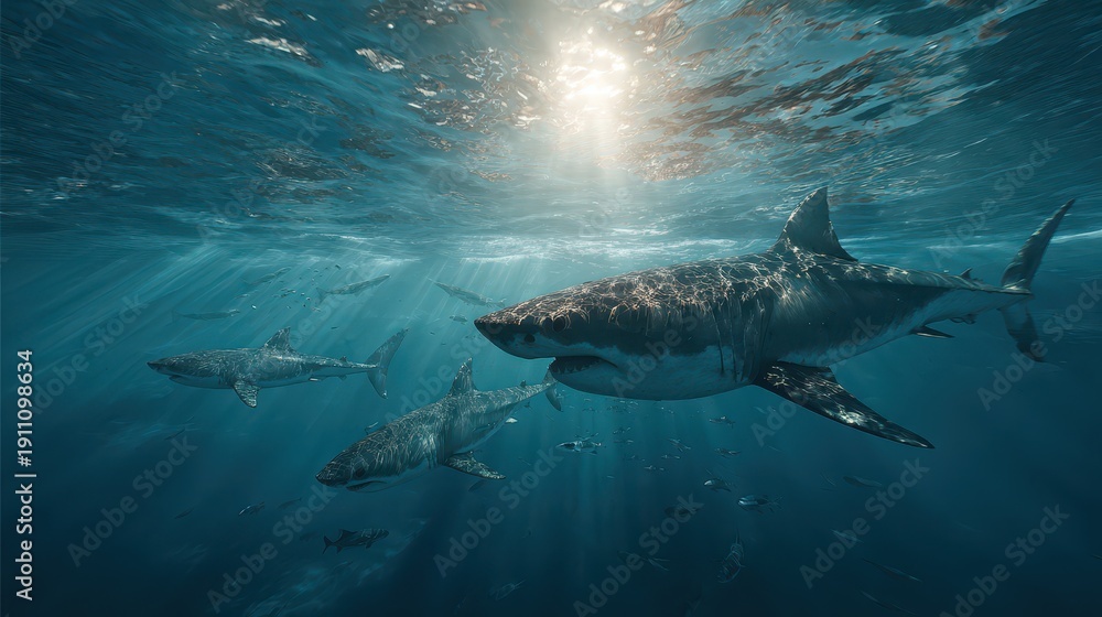 Fototapeta premium Sharks gliding through clear blue ocean water in open sea