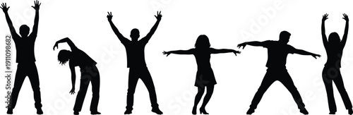 Set of Happy People Silhouettes Exercising Stretching and Dancing with Raised Arms Representing Vitality Freedom Health Joy and Active Lifestyle Concept