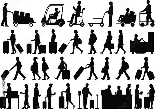 Set of vector silhouettes showing traveling people with luggage suitcases and bags at airport terminal for vacation and tourism design